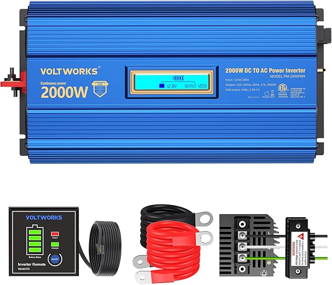 Power Inverter 2000w DC 12V to AC 120V ETL UL458 Modified Sine Wave Inverter with LCD Display Remote Control 2 AC Outlets 1 hardwire Terminal Dual 2.4A USB Ports for Car RV Truck Boat by VOLTWORKS