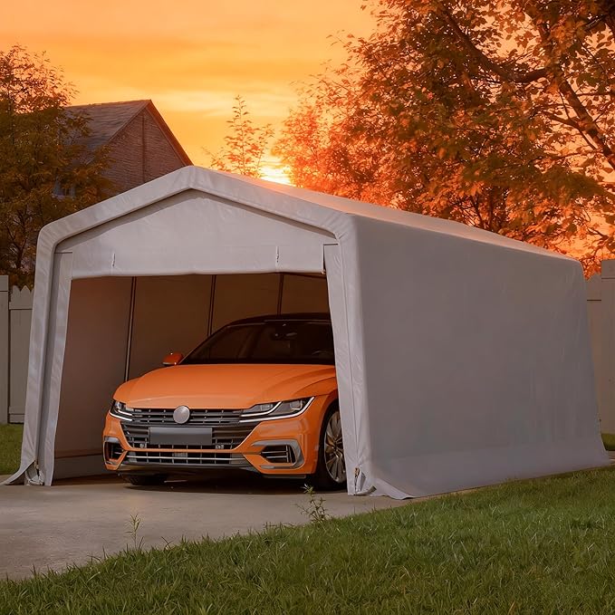 StarEcho 10x20FT Heavy Duty Outdoor Storage Shelter Carport, Portable Garage for Garden Tool, Car, Lawn Mower & Bike, with Galvanized Steel Frame, Dual Doors, Thickened PE Tarp (White)