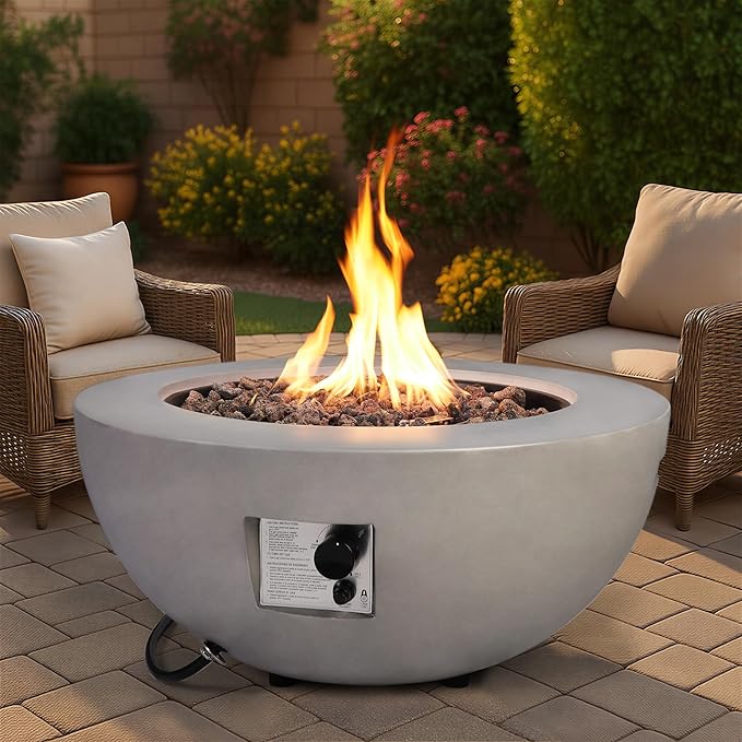 Propane Fire Pit–31.5 Inch Concrete Fire Pit – Outdoor Firepits 50,000 BTU Gas Fireplace CSA Certification w Lid,Lava Rocks for Deck or Patio & Grey