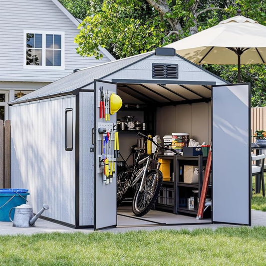 8 x 12 FT Resin Outdoor Storage Shed, All-Weather Plastic Garden Shed with Floor, Lockable Doors & Windows, Plastic Tool Shed for Poolside, Backyard, Patio