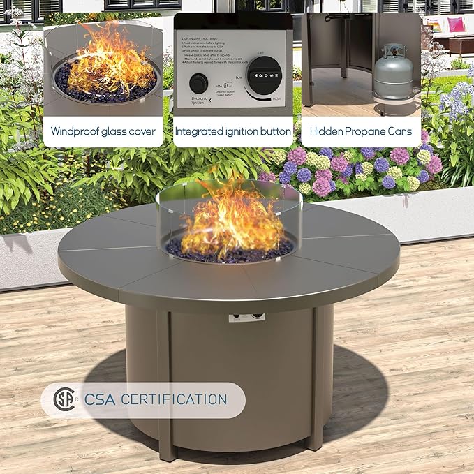 Aluminum Patio Furniture Set with Round Fire Pit Table, 7 Seats Outdoor Conversation Sets Modern Metal Patio Sectional Sofa with Upgrade Cushions for Patio, Backyard Sand