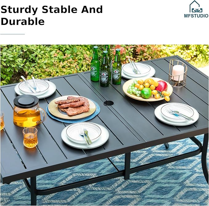 MFSTUDIO 7 Pieces Patio Wicker Outdoor Rattan Dining Furniture Set for 6, Outdoor Furniture Rectangular Dining Table and Chairs Set, Patio Wicker & Metal Dining Set for 6 and Chairs