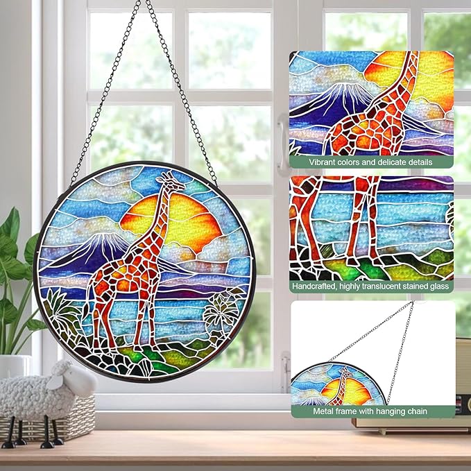 Wkyqes Giraffe Handmade Stained Glass Window Hanging Suncatcher with Chain - 7.9" Outdoor/Indoor Art Decor for Home Garden, Wedding, Mother's, Valentine's & Christmas Ornaments Present Gifts