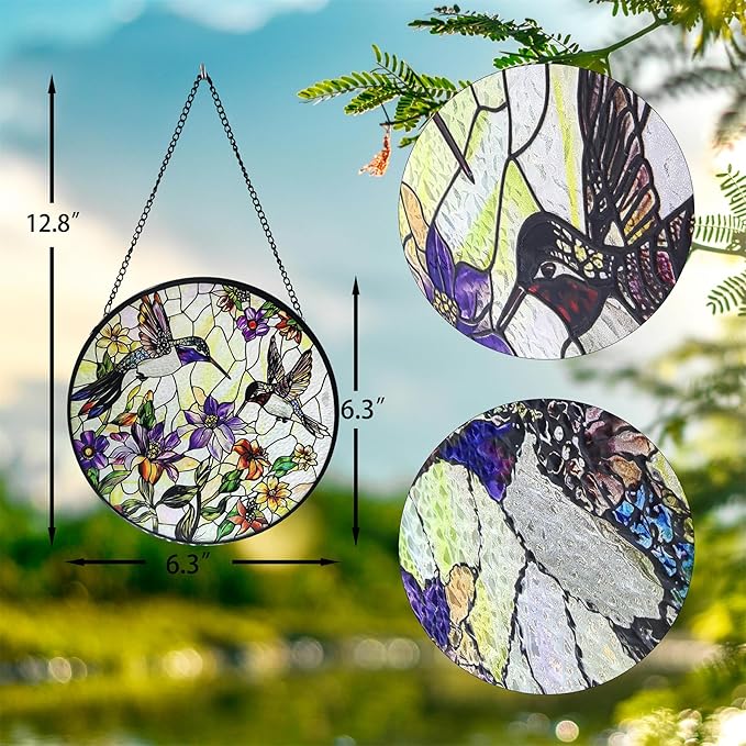 Stained Glass Sun Catcher,HummingbirdsStained Glass Window Hanging Garden Decor,Sun Catchers Indoor Window,Whimsical Decoration for Home Backyard Patio Lawn Porch with 6.3 INCH