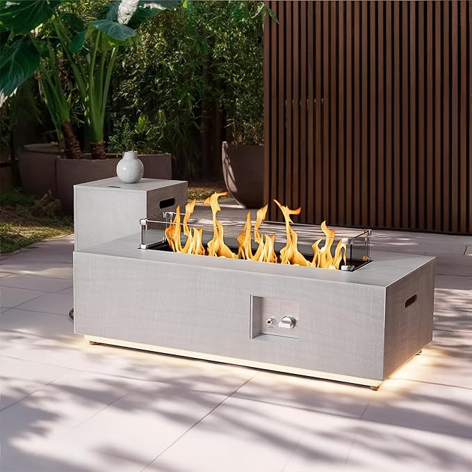 42 inch Propane Fire Pit Table, 2 in 1 Outdoor Fire Pit with 20lb Tank Cover, Outside Patio Deck Garden, LED Gas Fireplace Table with Lid and Stone, 50,000 BTU Adjustable Flame, Light Grey