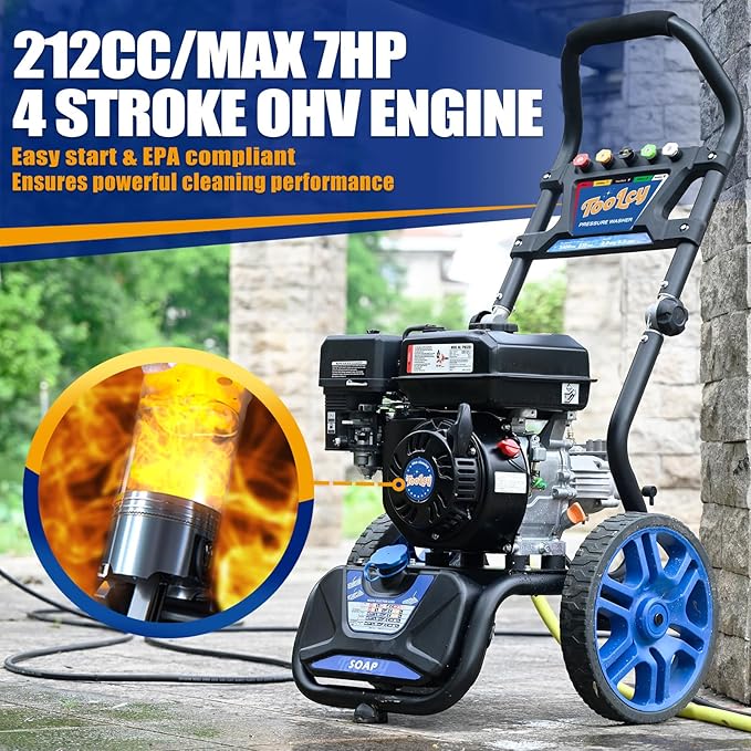 TOOLCY 3400 PSI & 2.8 GPM Gas Powered Pressure Washer with Onboard Soap Tank, Power Washer for Cleaning Cars Homes Patios Fences Driveways, Spray Gun, 5 Nozzles