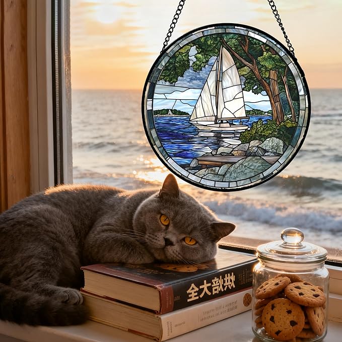 QZQCBLC Stained Glass Window Hanging Blue Ocean White Sailboat Large 11.8" - Nature Suncatcher Door Garden Sun Catcher Home Decor Birthday Christmas for Woman Mom Men Friend Nana