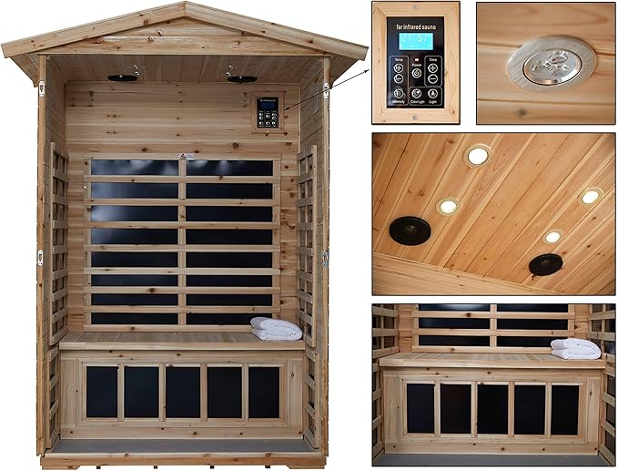 LTCCDSS Low EMF Outdoor Far Infrared Sauna 2-Person, Hemlock Wood Sauna for Home, Withstand Outdoor Temp -5℉-104℉, Bluetooth Speakers, LED Reading Lamps, Chromotherapy Light