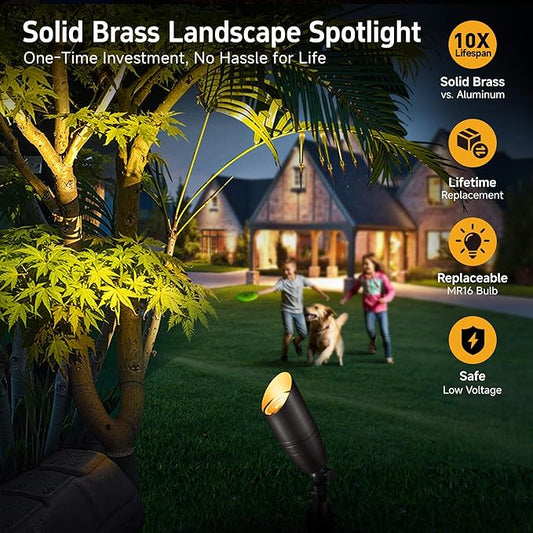 Gardenreet Spot Light Brass - Outdoor Landscape Spotlights LED, 12V Low Voltage Landscaping Uplights Hard-Wired, All Weather Bronze for Backyard Lawn with Warm White Changeable Bulbs (8 Pack)