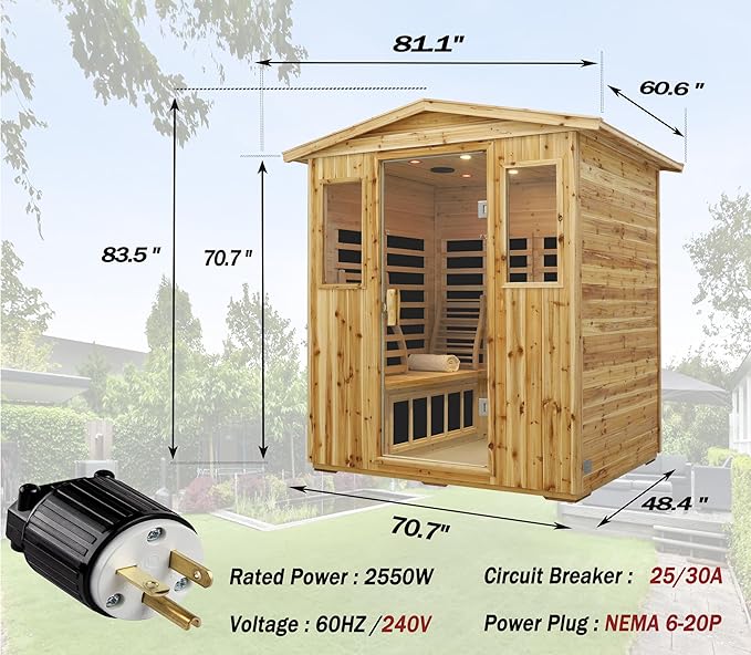 Full Spectrum Outdoor Far Infrared Sauna 4-Person Plus, Massive Interior Low EMF Sauna for Home, Near&Mid-IR Light , Bluetooth Speakers, LED Reading Lamps, Chromotherapy Light (81.1*60.6*83.5 inch)