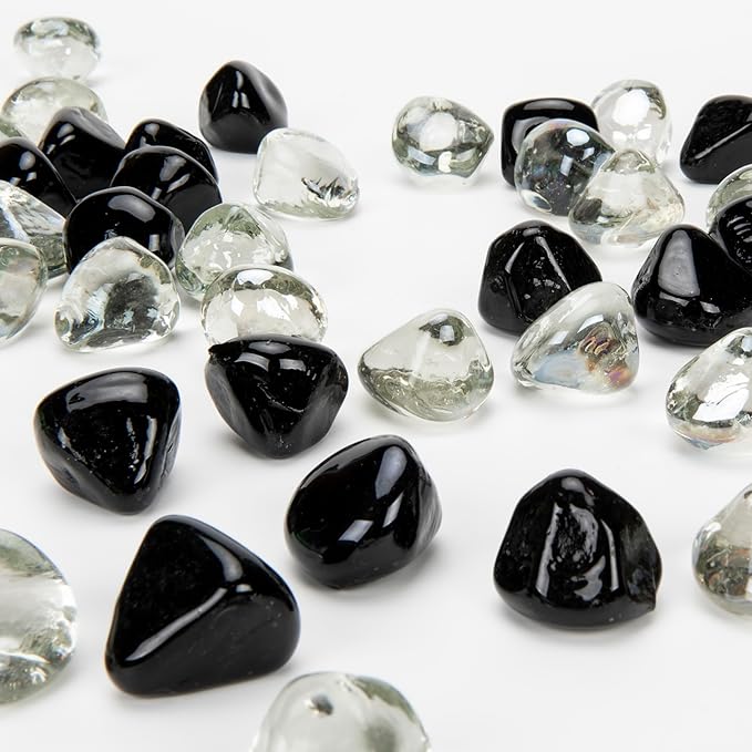 Fire Glass Diamond 1 Inch Fire Pit Glass Rocks for Propane or Gas Fire Pit 20 Pounds White/Onyx Black Blend
