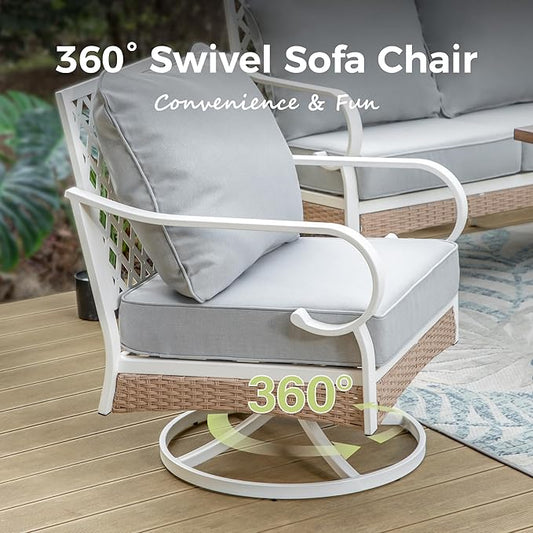 4 Piece Patio Furniture Set, 2 x Swivel Chair, 1 x 3-Seat Sofa with Marbling Coffee Table, 5 Seats Outdoor Conversation Set for Lawn Garden Backyard, Light Gray