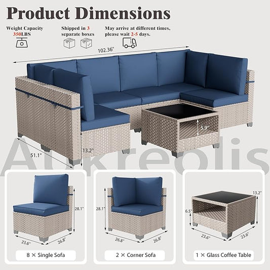 11 Pieces Patio Furniture Set, Outdoor Sectional Wicker Sofa with Thick Cushions and Storage Coffee Table, Rattan Patio Conversation Sets for Deck Garden Poolside, Navy