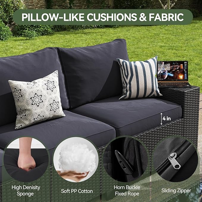 Aoxun Patio Furniture Set, 6 Pcs Outdoor Patio Furniture Sets with 4in Thicken Cushion, Widen Armrests Wicker Outdoor Sectional for Backyard (Waterproof Cover Include)