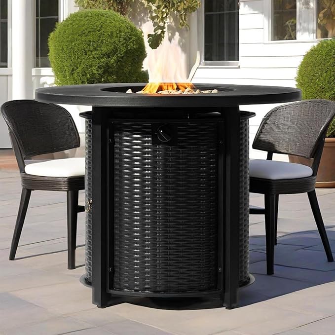 Propane Fire Pit Table, 32” Firepits for Outside, Round Gas Fire Pit for Outside Patio, Propane Fire Table with Steel Lid, Rocks for Patio, 50000BTU, Tank Inside, Tank Not Included, Black
