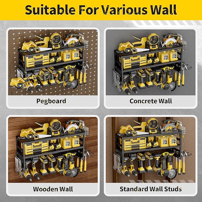 Power Tool Organizer Wall Mount Heavy Duty 320 lbs, 3-Tier Rack with 9 Drill Holders & Battery Storage for Garage, Workshop & Tool Room，Gifts for Men Who Have Everything