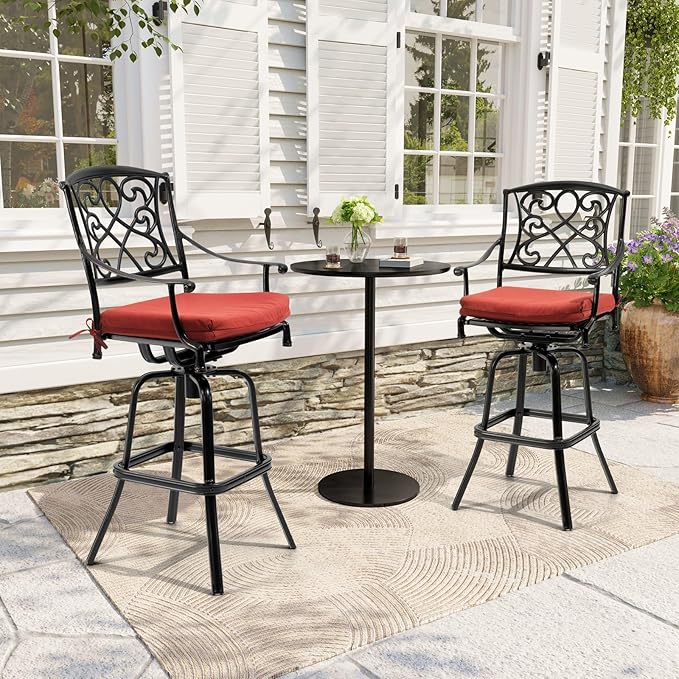 Crestlive Products Outdoor Bar Stools with Sunbrella Cushion Set of 2, 360° Swivel Patio Bar Height Chairs, All Weather Heavy Duty Commercial Grade Furniture, Antique Brown Finish for Outside (Red)