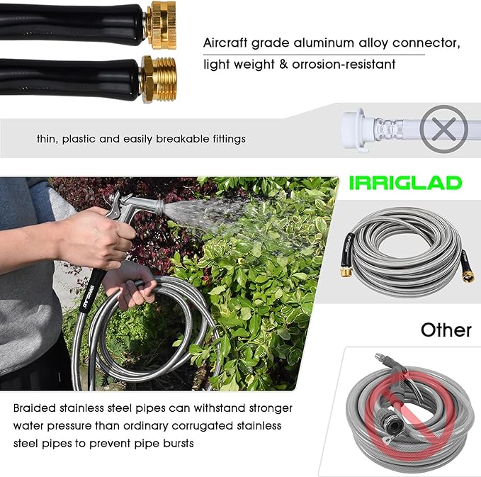 Garden Hose 304 Stainless Steel Metal Braided Hose, Lightweight, Kink-Free, Tough, Flexible Water Hose, Rust Proof, Puncture, Portable, 5/8" Aircraft Grade Aluminum Alloy Connector, 25FT