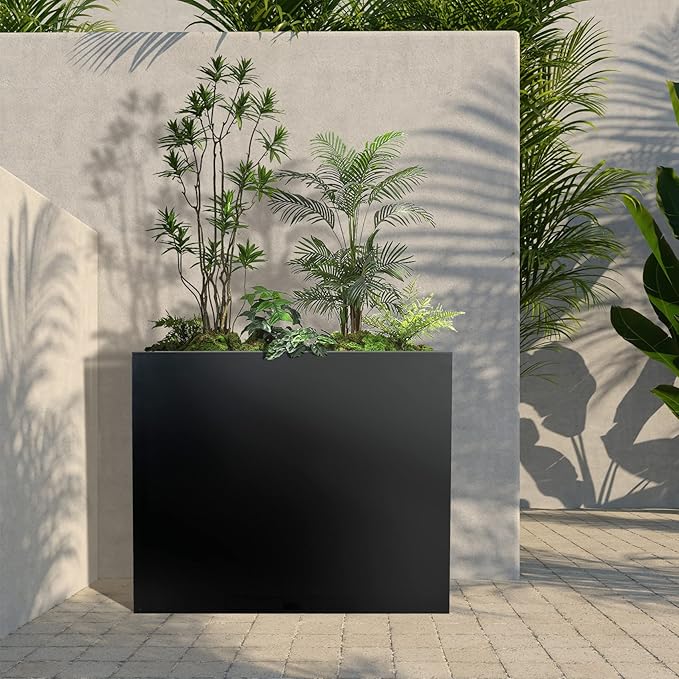 KOL 32" H Metal Steel Rectangular Planter Box Planters for Indoor Outdoor, Tall Heavy Duty Modern Flower Plant Pot with Water Collecting Tray, Black, Commercial Residential (36" L.x11 W.x32 H.)