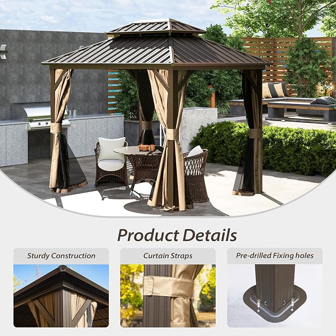 Domi 8'x10' Hardtop Gazebo Canopy Metal,Outdoor Metal Gazebo with Galvanized Steel Double Roof,Curtain and Netting,Permanent Gazebos Pavilion for Patio Deck,Backyard
