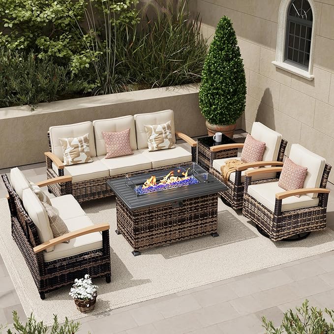 MEISSALIVVE 6 Pieces Patio Furniture Sets with Fire Pit Table, Wicker Outdoor Conversation Sets with 2 Swivel Rocker Chairs, 2 Sofas and Side Table(Brown)