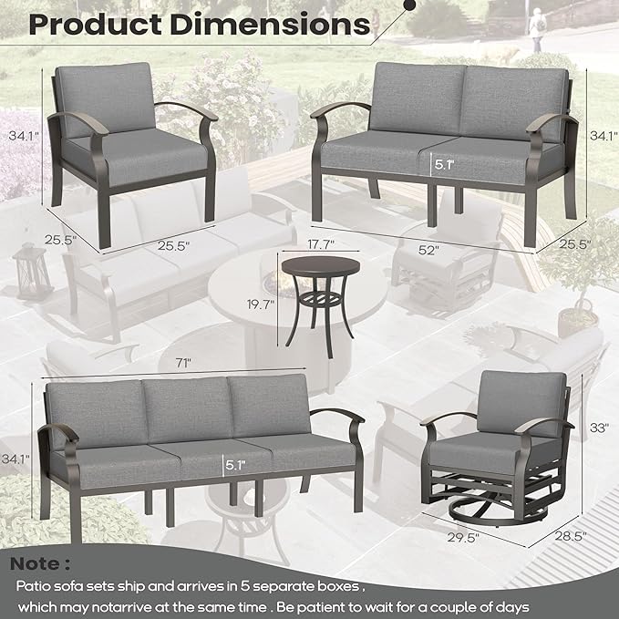 Aluminum Patio Furniture Set with Round Fire Pit Table, 7 Seats Outdoor Conversation Sets Modern Metal Patio Sectional Sofa with Upgrade Cushions for Patio, Backyard Grey