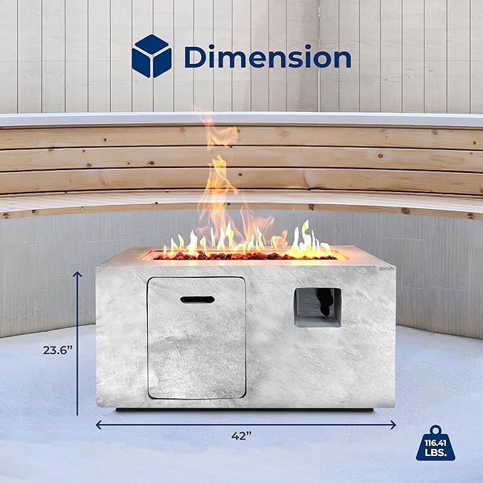 SereneLife Propane Gas Fire Pit Table, 50,000 BTU Square Outdoor Firepit with Stainless Steel Burner, Adjustable Flame, Lava Rocks & Weather-Resistant Cover for Backyard, Patio, Garden (42"x20"x23.6")