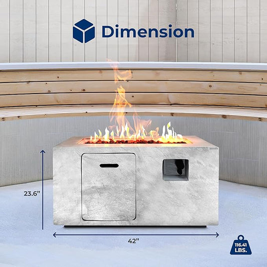 SereneLife Propane Gas Fire Pit Table, 50,000 BTU Square Outdoor Firepit with Stainless Steel Burner, Adjustable Flame, Lava Rocks & Weather-Resistant Cover for Backyard, Patio, Garden (42"x20"x23.6")