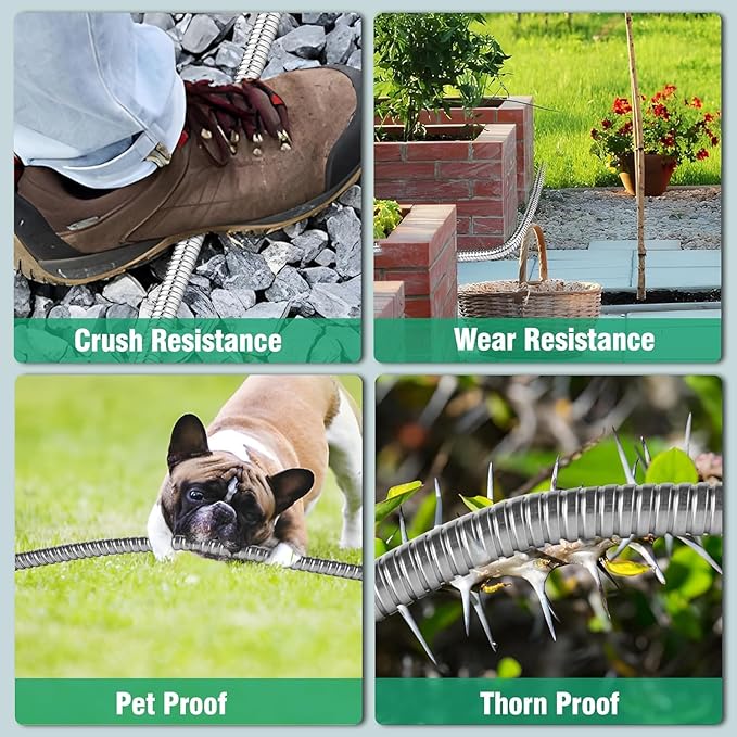 150Ft Metal Garden Hose durable stainless steel Water Hose, flexible, lightweight hose is resistant to kinks and tangles.With 10-way nozzle, strong 3/4” metal fittings, and a Stop Valve.