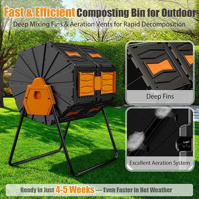 GasXcel Compost Bin, 45 Gallon Dual Chamber Composter Tumbler, 360 Rotating Compost Bin Outdoor BPA-Free Fast-Working Tumbling Compost Barrel, Large Composting Bin Kitchen Garden Compost Tumbler