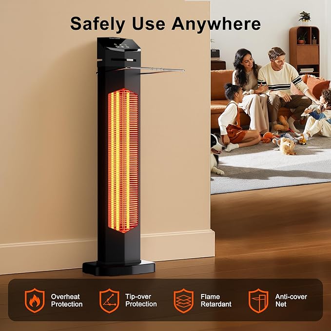 AKIRES Outdoor Electric Patio Heater,37IN 1500W Infrared Tower Heater with Instant Heating,Tip-Over & Overheat Protection,IP54 Waterproof Space Heater For Patio Garage Indoor & Outdoor Use,Matte Black