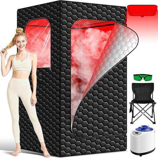 Infrared Sauna Box, 160 LEDs Red Light Sauna Steam Room, Portable Steam Sauna Tent & Dry Sauna with 3L/1200W Steamer, 15 Heating Levels, Folding Chair, Indoor Saunabox for Home Steam Spa