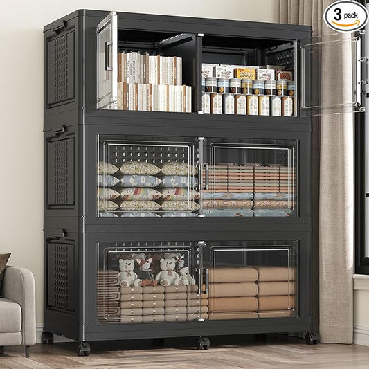 600 QT Extra Large Stackable Storage Bins with Lid, 150 Gal Collapsible Storage Box with Wheels, Folding Closet Organizers and Storage Cabinet with Doors for Home, Kitchen, Office, 3Pack Black