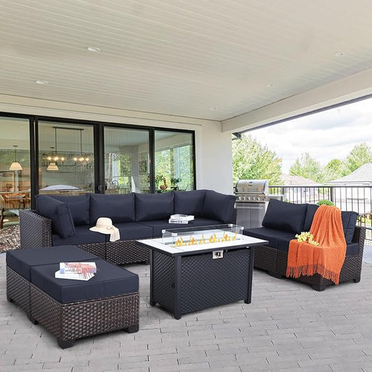 9 Pieces Wicker Patio Furniture Set Outdoor PE Rattan Sectional Conversation Sofa Set with Navy Blue Cushions and 45” Gas fire Pit Table