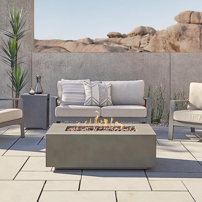 Real Flame Aegean 42in Rectangle Propane or Natural Gas Fire Pit Table, 50,000 BTU, Powder-Coated Steel, Push-Button Ignition, CSA Certified, Lava Rock, Storage Cover, Stainless Steel Burner with Lid