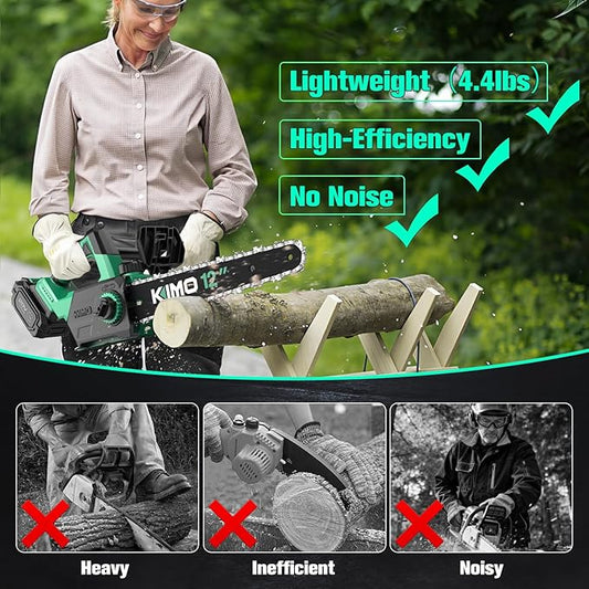KIMO Brushless Electric Chainsaw 12 Inch Cordless with 2 X 4.0Ah Battery & Fast Charger, 54.5 FT/S Powerful Cutting, Security Lock，Auto Oiler Battery Powered Chainsaw for Wood Cutting & Tree Trimming