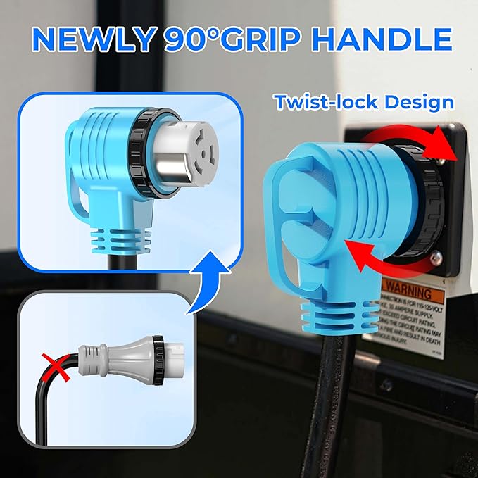 50 Feet 50 Amp RV/Generator Cord, UL Listed, 100% Copper Wire, Newly Designed 90°Grip Handle, NEMA 14-50P to SS2-50R Twist Lock, 6/3+8/1 Gauge STW Wire