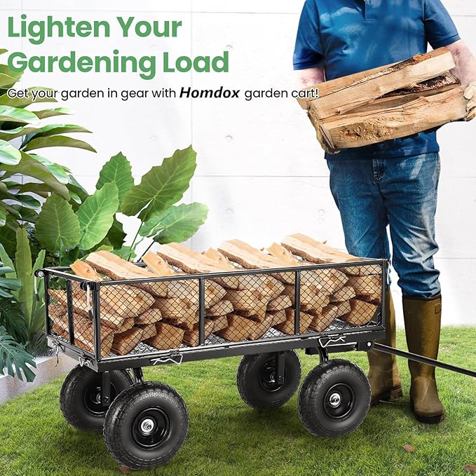Homdox 880LB Heavy Duty Garden Cart on Wheels, Professional Utility Wagon with 180° Rotating Handle, Foldable Mesh Sides for Landscaping, Yard Work, Farming, Camping & Outdoor Projects