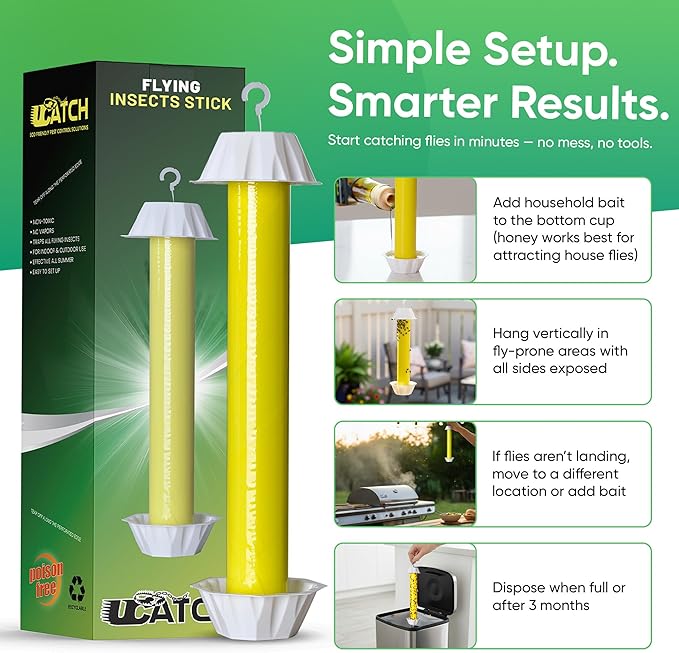Sticky Fly Trap Indoor & Outdoor Pack of 4 | Hanging Fly Stick for Gnats, Flies, Wasps, Mosquitoes & Other Flying Bugs | Sticky Bug Traps | Home Pest Control | Flying Insect Trap Rolls | Ucatch
