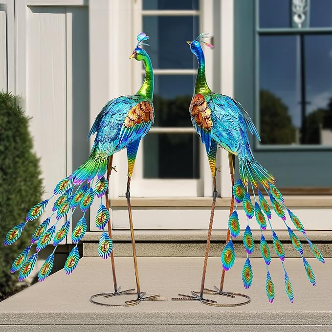 Autodaya 32" Oversized Peacock Decor Set of 2, Hand-Painted Metal Yard Art, Weatherproof Outdoor Garden Statues & Sculptures for Lawn, Flower Beds, Patio, Backyard or Indoor Kitchen & Home Decor