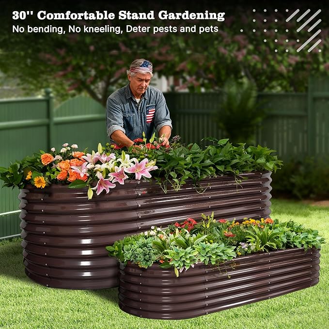 A ANLEOLIFE 30" Extra Tall Galvanized Raised Garden Beds Outdoor, 8x4x2.5ft Oval Metal Planter Boxes for Planting Vegetables, Flowers, Fruits, Eco-Safe & Easy Setup, CaféBronze