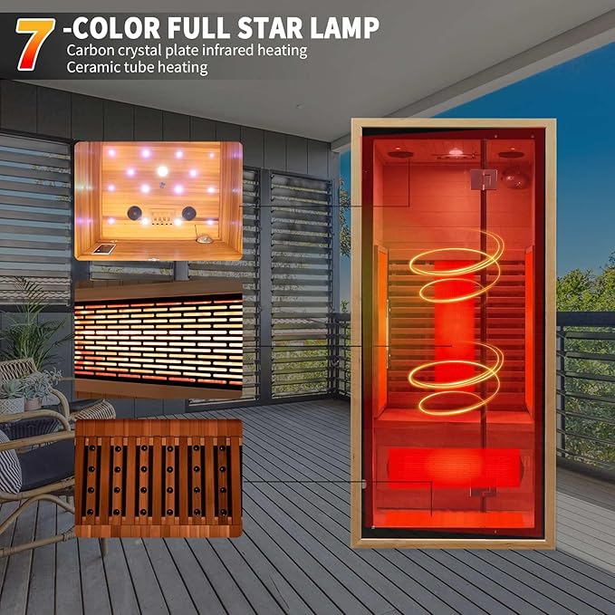Smartmak Full Spectrum Far Infrared Sauna, 1 Person Indoor Canadian Hemlock, Upgraded WiFi Home Spa Sauna, Low EMF, Speakers, Oxygen Bar, Reading & 7-Color Starlight (1350W,110V US Plug)