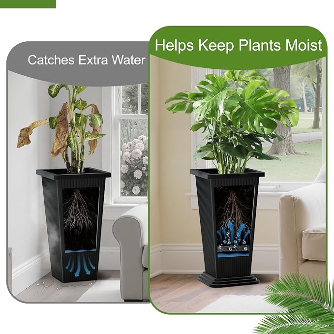 24" Tall Planters for Outdoor Plants, Set of 2 Large Outdoor Planters for Front Porch Decor with Drainage Hole, Front Porch Decor (Stripes-Black)