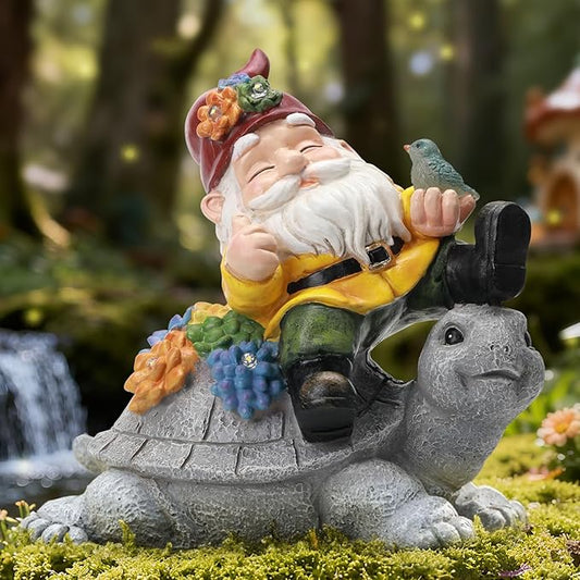 Ayadon Solar Gnome Statue Outdoor Decor, Gnome on Turtle Figurines with LED Light for for Fairy Garden Yard Balcony Lawn Christmas Housewarming Whimsical Gifts for Women Mom Grandma