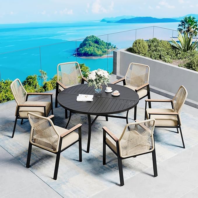 SUNSHINE VALLEY 54" Patio Dining Table for 6, Round Patio Table with Umbrella Hole,E-Coating and Powder Coating Steel Frame Metal Outdoor Patio Table for Garden Backyard Lawn Yard