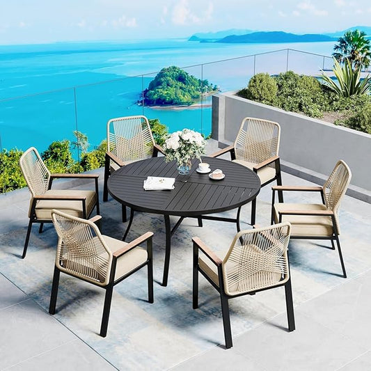 SUNSHINE VALLEY 54" Patio Dining Table for 6, Round Patio Table with Umbrella Hole,E-Coating and Powder Coating Steel Frame Metal Outdoor Patio Table for Garden Backyard Lawn Yard