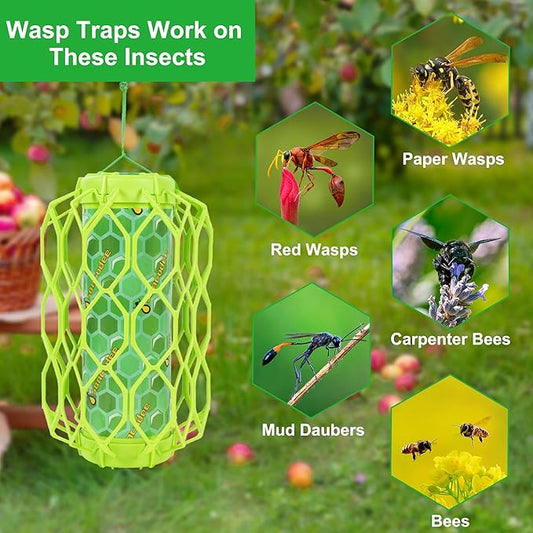 4 Pack Upgraded Wasp Trap Outdoor Hanging, Carpenter Bee and Hornet Catcher, Reusable Yellow Jacket Trap with Bait Reservoir, Bee Killer and Wasp Catcher for Outside (Green)