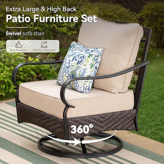GREEN PARTY Extra Large Outdoor Patio Furniture Set 5 Pieces for 7, Modern Metal Patio Conversation Sets with High Back 3-Seat Sofa & Loveseat Sofa, 2 Swivel Chairs, 1 Coffee Table