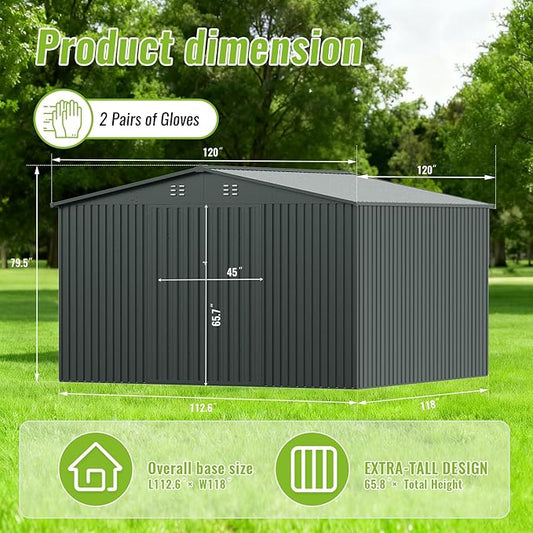 PABIMIA10X10 FT Outdoor Storage Shed, Durable Metal Outside Storage with Lockable Doors, Waterproof Storage Shed for Tools, Equipment, Ideal for Backyard Garden Patio Lawn