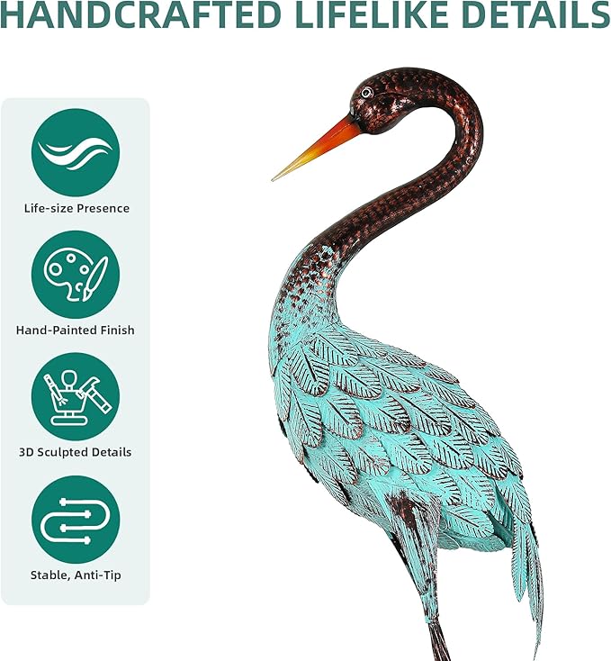 Ultym 47.5" Extra-Large Blue Heron Decor, Handcrafted Metal Crane Statues with Stable U-Ground Stakes, Backyard Decoration, Metal Garden Bird Animal Yard Art, Lawn Ornament